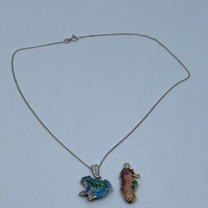 Necklace With Cloisonné Frog and Seahorse Pendant Clasp Marked 925 Italy Read